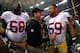 ATLANTA, GA - JANUARY 20: (L-R) Leonard Davis #68 and head coach Jim Harbaugh and Jonathan Goodwin #59 of the San Francisco 49ers celebrate as they walk off of the field after they won 28-24 against the Atlanta Falcons in the NFC Championship game at the Georgia Dome on January 20, 2013 in Atlanta, Georgia. (Photo by Chris Graythen/Getty Images)