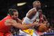 Dec. 25, 2011; Los Angeles, CA, USA; Chicago Bulls center Joakim Noah (13) fouls Los Angeles Lakers shooting guard Kobe Bryant (24) during the fourth quarter of the game at the Staples Center. Bulls won 88-87. Mandatory Credit: Jayne Kamin-Oncea-USA TODAY Sports