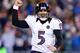 FOXBORO, MA - JANUARY 20: Joe Flacco #5 of the Baltimore Ravens celebrates after throwing a touchdown pass to Anquan Boldin #81 in the fourth quarter against the New England Patriots during the 2013 AFC Championship game at Gillette Stadium on January 20, 2013 in Foxboro, Massachusetts. (Photo by Al Bello/Getty Images)