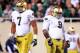 September 15, 2012; East Lansing, MI, USA; Notre Dame Fighting Irish defensive end Stephon Tuitt (7) and defensive lineman Louis Nix III (9) look over the Michigan State Spartans offense during the 2nd half at Spartan Stadium. Norte Dame won 20-3 Mandatory Credit: Mike Carter-USA TODAY Sports