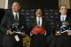 Jan 18, 2013; Jacksonville FL, USA; Jacksonville Jaguars new head coach Gus Bradley (left), owner Shad Khan (middle) and general manager Dave Caldwell pose for photos after a press conference at EverBank Field. Mandatory Credit: Phil Sears-USA TODAY Sports