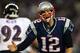 FOXBORO, MA - JANUARY 20: Tom Brady #12 of the New England Patriots reacts after a play against the Baltimore Ravens during the 2013 AFC Championship game at Gillette Stadium on January 20, 2013 in Foxboro, Massachusetts. (Photo by Elsa/Getty Images)