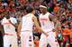 SYRACUSE, NY - JANUARY 21: C.J. Fair #5, Michael Carter-Williams #1 and Baye Moussa Keita #12 of the Syracuse Orange celebrate against the Cincinnati Bearcats during the game at the Carrier Dome on January 21, 2013 in Syracuse, New York. (Photo by Nate Shron/Getty Images)
