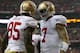 ATLANTA, GA - JANUARY 20: (L-R) Vernon Davis #85 and Colin Kaepernick #7 of the San Francisco 49ers celebrate after Kaepernick threw a 4-yard touchdown pass to Davis in the second quarter against the Atlanta Falcons in the NFC Championship game at the Georgia Dome on January 20, 2013 in Atlanta, Georgia. (Photo by Streeter Lecka/Getty Images)