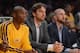 LOS ANGELES, CA - JANUARY 15: Jodie Meeks #20, Pau Gasol #16 and Steve Blake #5 of the Los Angeles Lakers watch play from the bench during a 104-88 Laker win at Staples Center on January 15, 2013 in Los Angeles, California. NOTE TO USER: User expressly acknowledges and agrees that, by downloading and or using this photograph, User is consenting to the terms and conditions of the Getty Images License Agreement. (Photo by Harry How/Getty Images)