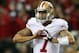 ATLANTA, GA - JANUARY 20: Quarterback Colin Kaepernick #7 of the San Francisco 49ers calls a play at the line in the second quarter against the Atlanta Falcons in the NFC Championship game at the Georgia Dome on January 20, 2013 in Atlanta, Georgia. (Photo by Streeter Lecka/Getty Images)