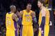 Nov 2, 2012; Los Angeles, CA, USA; Los Angeles Lakers guard Kobe Bryant (24), center Dwight Howard (12) and forward Pau Gasol (16) react during the game against the Los Angeles Clippers at the Staples Center. The Clippers defeated the Lakers 105-95 Mandatory Credit: Kirby Lee/Image of Sport-USA TODAY Sports