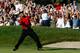SAN DIEGO - JUNE 15: Tiger Woods reacts to his birdie putt on the 18th green to force a playoff with Rocco Mediate during the final round of the 108th U.S. Open at the Torrey Pines Golf Course (South Course) on June 15, 2008 in San Diego, California. (Photo by Jeff Gross/Getty Images)