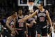 Jan 18, 2013; Boston, MA, USA; Chicago Bulls point guard Marquis Teague (left), small forward Jimmy Butler (21), power forward Carlos Boozer (5) and center Joakim Noah (13) celebrate against the Boston Celtics during the second half at TD Garden. Mandatory Credit: Mark L. Baer-USA TODAY Sports