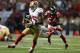 ATLANTA, GA - JANUARY 20: Wide receiver Michael Crabtree #15 of the San Francisco 49ers runs after catching a 33-yard pass in the fourth quarter against the Atlanta Falcons in the NFC Championship game at the Georgia Dome on January 20, 2013 in Atlanta, Georgia. (Photo by Streeter Lecka/Getty Images)