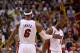 MIAMI, FL - JANUARY 04: Dwyane Wade #3 and LeBron James #6 of the Miami Heat high five during a game against the Chicago Bulls at AmericanAirlines Arena on January 4, 2013 in Miami, Florida. (Photo by Mike Ehrmann/Getty Images)