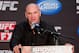 Oct 5, 2012; Minneapolis, MN, USA; UFC President Dana White talks with the media after the bouts at the UFC on FX 5 at the Target Center. Mandatory Credit: Bruce Kluckhohn-USA TODAY Sports