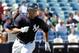 March 2, 2012; Tampa, FL, USA; New York Yankees right fielder Zoilo Almonte (83) hits a RBI double in the fourth inning during spring training against the South Florida Bulls at George M. Steinbrenner Field. Mandatory Credit: Kim Klement-USA TODAY Sports