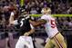BALTIMORE, MD - NOVEMBER 24: Ahmad Brooks #55 of the San Francisco 49ers grabs the face mask of Joe Flacco #5 of the Baltimore Ravens at M&T Bank Stadium on November 24, 2011 in Baltimore, Maryland. (Photo by Rob Carr/Getty Images)