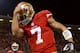 SAN FRANCISCO, CA - JANUARY 12: Quarterback Colin Kaepernick #7 of the San Francisco 49ers celebrates after running in a touchdown in the first quarter against the Green Bay Packers during the NFC Divisional Playoff Game at Candlestick Park on January 12, 2013 in San Francisco, California. (Photo by Harry How/Getty Images)