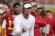 LOS ANGELES, CA - NOVEMBER 10: Head coach Lane Kiffin of the USC Trojans celebrates a USC field goal in the fourth quarter against the Arizona State Sun Devils at the Los Angeles Memorial Coliseum on November 10, 2012 in Los Angeles, California. USC won 38-17. (Photo by Stephen Dunn/Getty Images)