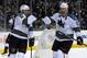 Apr 19, 2011; Los Angeles, CA, USA; San Jose Sharks left wing Patrick Marleau (12) and center Joe Thornton (19) react after a goal in the second period against the Los Angeles Kings in the first round of the 2011 Stanley Cup Playoffs at the Staples Center. Mandatory Credit: Kirby Lee/Image of Sport-USA TODAY Sports