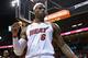 MIAMI, FL - JANUARY 23: LeBron James #6 of the Miami Heat reacts to a play during a game against the Toronto Raptors at American Airlines Arena on January 23, 2013 in Miami, Florida. (Photo by Mike Ehrmann/Getty Images)