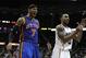 Apr 22, 2012; Atlanta, GA, USA; Atlanta Hawks point guard Jeff Teague (0) signals a technical as New York Knicks small forward Carmelo Anthony (7) reacts to technical call during the second half at Philips Arena. The Knicks won 113-112. Mandatory Credit: Paul Abell-USA TODAY Sports