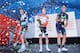 ADELAIDE, AUSTRALIA - JANUARY 27: Winning riders (L-R) Geraint Thomas of Great Britain and team Sky Procycling (third), Tom Jelte Slagter of the Netherlands and the Blanco Pro Cycling Team (first) and Javier Moreno Bazan of Spain and the Movistar Team (second) celebrate on stage after stage six of the Tour Down Under on January 27, 2013 in Adelaide, Australia.