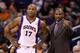 PHOENIX, AZ - JANUARY 24: Head coach Lindsey Hunter of the Phoenix Suns talks with P.J. Tucker #17 during the NBA game against the Los Angeles Clippers at US Airways Center on January 24, 2013 in Phoenix, Arizona. The Suns defeated the Clippers 93-88. NOTE TO USER: User expressly acknowledges and agrees that, by downloading and or using this photograph, User is consenting to the terms and conditions of the Getty Images License Agreement. (Photo by Christian Petersen/Getty Images)