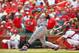 ST. LOUIS, MO - JULY 26: Juan Rivera #21 of the Los Angeles Dodgers hits an RBI single against the St. Louis Cardinals at Busch Stadium on July 26, 2012 in St. Louis, Missouri. Photo by Dilip Vishwanat/Getty Images)