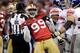 SAN FRANCISCO, CA - JANUARY 22: Aldon Smith #99 of the San Francisco 49ers reacts against the New York Giants in the second half during the NFC Championship Game at Candlestick Park on January 22, 2012 in San Francisco, California. (Photo by Thearon W. Henderson/Getty Images)