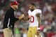 Oct. 29, 2012; Glendale, AZ, USA; San Francisco 49ers cornerback Perrish Cox (right) talks with secondary coach Ed Donatell against the Arizona Cardinals at University of Phoenix Stadium. The 49ers defeated the Cardinals 24-3. Mandatory Credit: Mark J. Rebilas-USA TODAY Sports
