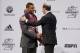 INDIANAPOLIS, IN - JANUARY 17: Andrew Farrell (L) of Louisville is introduced by MLS commissioner Don Garber as the first selection of the New England Revolution in the 2013 MLS SuperDraft Presented by Adidas at the Indiana Convention Center on January 17, 2013 in Indianapolis, Indiana. (Photo by Joe Robbins/Getty Images)