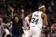 Jan 27, 2013; Boston, MA, USA; Boston Celtics fans react after small forward Paul Pierce (34) makes a basket during overtime against the Miami Heat at TD Garden. Mandatory Credit: Mark L. Baer-USA TODAY Sports