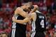 LOS ANGELES, CA - MAY 20: Tim Duncan #21 and Danny Green #4 of the San Antonio Spurs celebrate late in the fourth quarter while taking on the Los Angeles Clippers in Game Four of the Western Conference Semifinals in the 2012 NBA Playoffs on May 20, 2011 at Staples Center in Los Angeles, California. NOTE TO USER: User expressly acknowledges and agrees that, by downloading and or using this photograph, User is consenting to the terms and conditions of the Getty Images License Agreement. (Photo by Harry How/Getty Images)