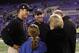 BALTIMORE, MD - NOVEMBER 24: Head coach Jim Harbaugh (L) of the San Francisco 49ers and his brother, head coach John Harbaugh of the Baltimore Ravens (C) talk with their parents Jack and Jackie Harbaugh, and John's daughter Allison, before the start of the game between the Baltimore Ravens and the San Francisco 49ers at M&T Bank Stadium on November 24, 2011 in Baltimore, Maryland. (Photo by Rob Carr/Getty Images)