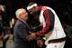 MIAMI, FL - OCTOBER 30: (L) NBA Commissioner David Stern greets (R) LeBron James #6 of the Miami Heat as the Miami Heat are given their 2012 NBA Championship rings at a ceremony prior to the game against the Boston Celtics at American Airlines Arena on October 30, 2012 in Miami, Florida. NOTE TO USER: User expressly acknowledges and agrees that, by downloading and/or using this Photograph, user is consenting to the terms and conditions of the Getty Images License Agreement. (Photo by Chris Trotman/Getty Images)