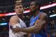 LOS ANGELES, CA - JANUARY 22: Blake Griffin #32 of the Los Angeles Clippers watches Serge Ibaka #9 of the Oklahoma City Thunder during a 109-97 Thunder win at Staples Center on January 22, 2013 in Los Angeles, California. NOTE TO USER: User expressly acknowledges and agrees that, by downloading and or using this photograph, User is consenting to the terms and conditions of the Getty Images License Agreement. (Photo by Harry How/Getty Images)