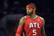 January 23, 2013; Charlotte, NC, USA; Atlanta Hawks forward Josh Smith (5) reacts during a time out in the game against the Charlotte Bobcats at Time Warner Cable Arena. Mandatory Credit: Sam Sharpe-USA TODAY Sports