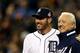 DETROIT, MI - OCTOBER 27: (L-R) Justin Verlander #35 of the Detroit Tigers poses with Baseball Hall of Famer and former Detroit Tigers player Al Kaline after throwing out the ceremonial first pitch prior to the Detroit Tigers hosting the San Francisco Giants during Game Three of the Major League Baseball World Series at Comerica Park on October 27, 2012 in Detroit, Michigan. (Photo by Ezra Shaw/Getty Images)
