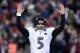 FOXBORO, MA - JANUARY 20: Joe Flacco #5 of the Baltimore Ravens celebrates after a touchdown ran by Ray Rice #27 in the second quarter against the New England Patriots during the 2013 AFC Championship game at Gillette Stadium on January 20, 2013 in Foxboro, Massachusetts. (Photo by Al Bello/Getty Images)