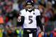 FOXBORO, MA - JANUARY 20: Joe Flacco #5 of the Baltimore Ravens celebrates after a touchdown ran by Ray Rice #27 in the second quarter against the New England Patriots during the 2013 AFC Championship game at Gillette Stadium on January 20, 2013 in Foxboro, Massachusetts. (Photo by Al Bello/Getty Images)
