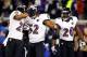 FOXBORO, MA - JANUARY 20: Cary Williams #29 of the Baltimore Ravens celebrates with Ray Lewis #52 after intercepting a pass by Tom Brady #12 of the New England Patriots in the fourth quarter during the 2013 AFC Championship game at Gillette Stadium on January 20, 2013 in Foxboro, Massachusetts. (Photo by Jared Wickerham/Getty Images)
