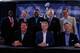 NEW ORLEANS, LA - JANUARY 29: Members of the CBS Sports Super Bowl crew (back row) Shannon Sharpe, Bill Cower, James Brown, Boomer Esiason, Jim Nantz- (front row) Dan Marino, Sean McManus and Phil Simms pose on stage at a Super Bowl XLVII Broadcasters Press Conference at the New Orleans Convention Center on January 29, 2013 in New Orleans, Louisiana. (Photo by Scott Halleran/Getty Images)