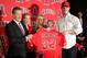 ANAHEIM, CA - DECEMBER 15: Josh Hamilton #32 of the Los Angeles Angels of Anaheim (R) holds up his new jersey with Angels Owner Arte Moreno during the press conference introducing Hamilton as the team's newest player as wife Katie, daughter Stella Faith and Carole Moreno look on from the background at ESPN Zone at Downtown Disney on December 15, 2012 in Anaheim, California. (Photo by Victor Decolongon/Getty Images)
