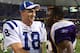 MINNEAPOLIS - SEPTEMBER 14: Quarterback Peyton Manning #18 of the Indianapolis Colts and runningback Adrian Peterson #28 of the Minnesota Vikings talk following the game at the Metrodome on September 14, 2008 in Minneapolis, Minnesota. The Colts defeated the Vikings 18-15. (Photo by Jeff Gross/Getty Images)