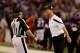 BALTIMORE, MD - AUGUST 25: Baltimore Ravens head coach John Harbaugh yells at an official during a preseason game against the Washington Redskins at M&T Bank Stadium on August 25, 2011 in Baltimore, Maryland. (Photo by Rob Carr/Getty Images)