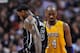 Jan. 19, 2012; Miami, FL, USA; Miami Heat small forward LeBron James (left) and Los Angeles Lakers shooting guard Kobe Bryant (right) during the second half at American Airlines Arena. Mandatory Credit: Steve Mitchell-USA TODAY Sports