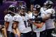 NEW ORLEANS, LA - FEBRUARY 03: (L-R) Torrey Smith #82, Jacoby Jones #12 and Joe Flacco #5 of the Baltimore Ravens celebrate after Jones scored on a 56-yard touchdown pass by Flacco in the second quarter against the San Francisco 49ers during Super Bowl XLVII at the Mercedes-Benz Superdome on February 3, 2013 in New Orleans, Louisiana. (Photo by Harry How/Getty Images)