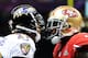 NEW ORLEANS, LA - FEBRUARY 03: (L-R) Cary Williams #29 of the Baltimore Ravens and Delanie Walker #46 of the San Francisco 49ers exchange words in the second quarter during Super Bowl XLVII at the Mercedes-Benz Superdome on February 3, 2013 in New Orleans, Louisiana. (Photo by Harry How/Getty Images)