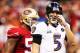 NEW ORLEANS, LA - FEBRUARY 03: Joe Flacco #5 of the Baltimore Ravens looks on in the fourth quarter against the San Francisco 49ers during Super Bowl XLVII at the Mercedes-Benz Superdome on February 3, 2013 in New Orleans, Louisiana. (Photo by Christian Petersen/Getty Images)
