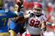 PASADENA, CA - OCTOBER 13: Defensive tackle Star Lotulelei #92 of the Utah Utes battles offensive lineman Torian White #77 of the UCLA Bruins as he rushes quarterback Brett Hundley #17 at the Rose Bowl on October 13, 2012 in Pasadena, California. UCLA won 21-14. (Photo by Stephen Dunn/Getty Images)