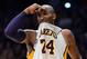 LOS ANGELES, CA - JANUARY 27: Kobe Bryant #24 of the Los Angeles Lakers reacts after a Laker foul during a 106-95 win over the Oklahoma City Thunder at Staples Center on January 27, 2013 in Los Angeles, California. NOTE TO USER: User expressly acknowledges and agrees that, by downloading and or using this photograph, User is consenting to the terms and conditions of the Getty Images License Agreement. (Photo by Harry How/Getty Images)