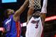 MIAMI, FL - JANUARY 25: Dwyane Wade #3 of the Miami Heat is fouled by Andre Drummond #1 of the Detroit Pistons during a game at American Airlines Arena on January 25, 2013 in Miami, Florida. (Photo by Mike Ehrmann/Getty Images)